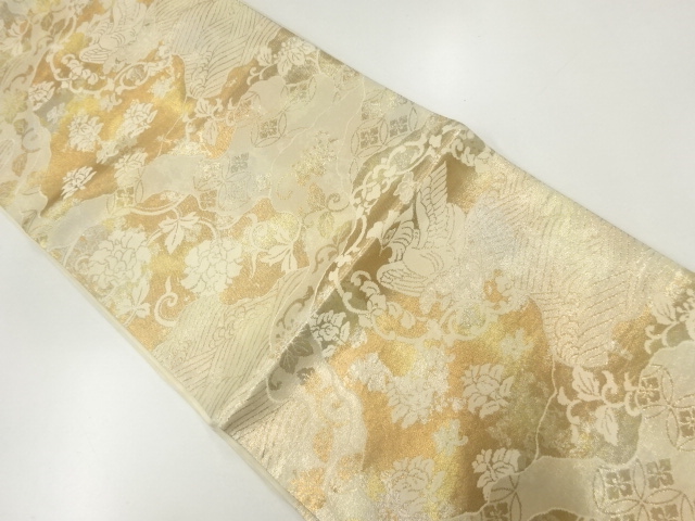 JAPANESE KIMONO / ANTIQUE FUKURO OBI / SILK / WOVEN MICHINAGADORI & FLOWERS & BIRDS